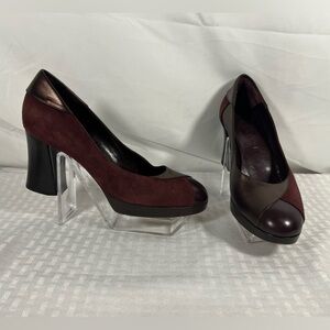 Celine Burgundy Suede & Metallic Leather Block Heels 36.5 Italy